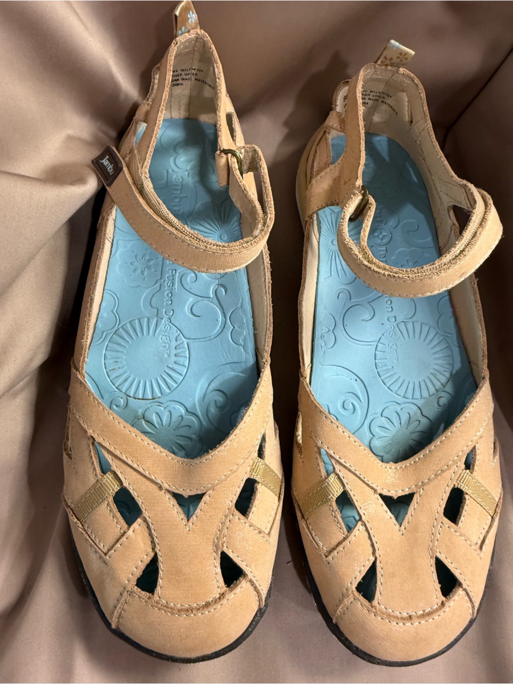 Jambu Women's Tan Sandals with Blue Cushioned Insoles